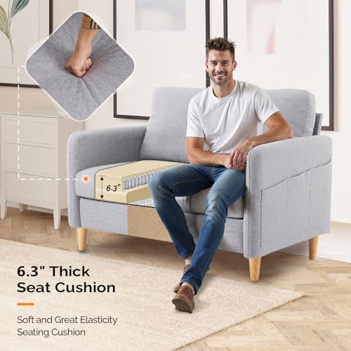 VINGLI 47" Small Couch, Linen Loveseat Sofa Light Grey Mini Couch Mid Century - Image 5