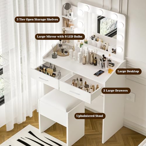 Vanity Desk with Power Outlet, Makeup Vanity with Large Mirror and LED Lights - Image 2