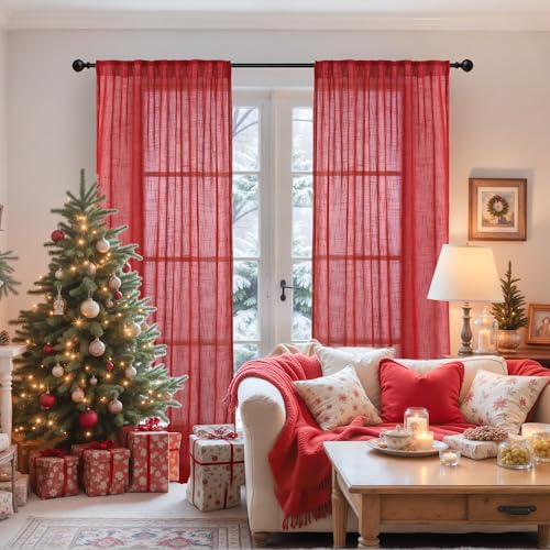 YoungsTex Red Linen Semi Sheer Curtains 84 Inch Length - Image 2