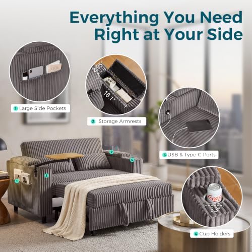 LINSY HOME 3-in-1 Pull Out Sofa Bed, 360° Swivel Table, Storage Armrests - Image 5