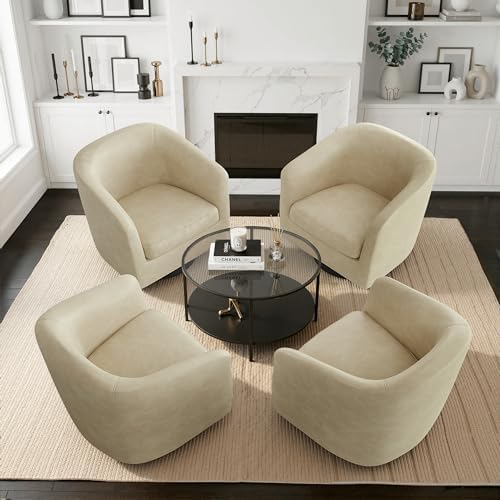 Pia Ricco Set of 4 Oversized Faux Leather 360° Swivel Barrel Accent Chair Cream by PiaRicco