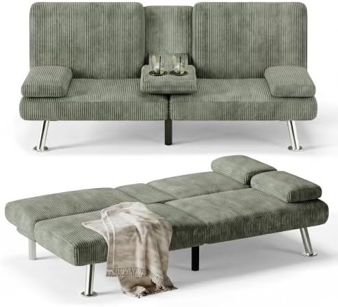 Flamaker Futon Sofa Bed, Modern Corduroy Convertible Folding Futon Set by Flamaker