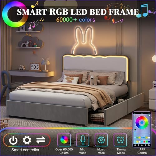 IDEALHOUSE Full LED Bed, 2 Drawer Trundle, Light Gray Wave Headboard - Image 3