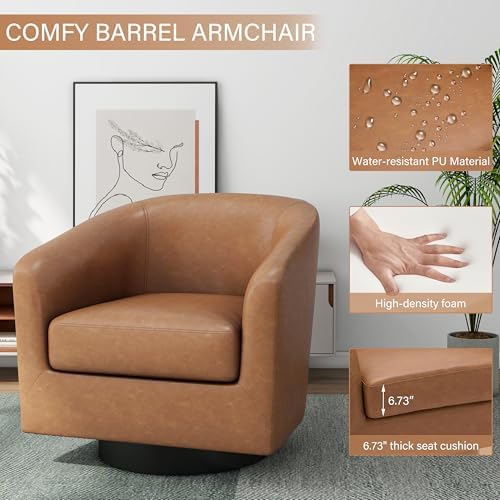 Pia Ricco Set of 4 Faux Leather 360° Swivel Barrel Accent Chair Brown - Image 5