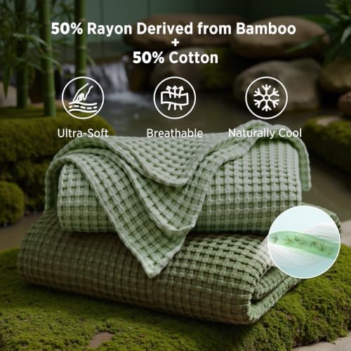 Bedsure Cooling Waffle Blanket for Hot Sleeper, Sage Green, King 104" X 90" - Image 2
