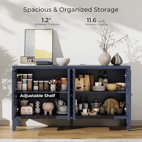 Buffet Cabinet with Storage, Accent Cabinet with 4 Carved Doors, Solid Wood - Image 4