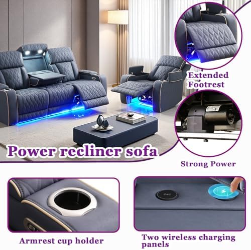 Power Reclining Sofa Set with LED Light, Sandad Leather Sectional Sofa and - Image 3