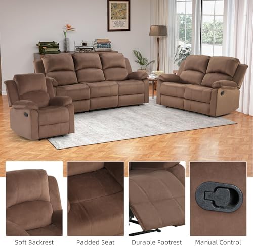 EBELLO Manual Recliner Sofa Set, Microfiber Reclining Couch Furniture Set - Image 3