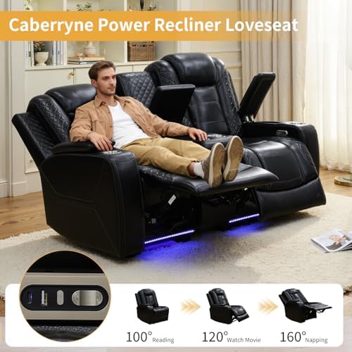 Power Recliner Sofa with LED Lights, Leather Reclining Loveseat with Double - Image 4
