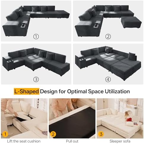 KEIKI 110" L-Shaped Oversized Plush Corduroy Modular Sectional Sofa - Image 6