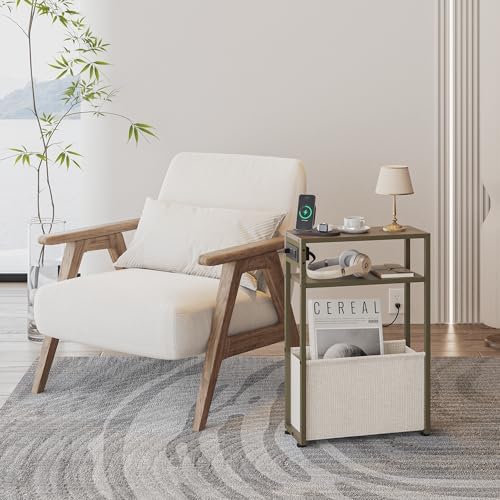 Leomonio Green Side Table with Charging Station, Slim End Tables with Linen - Image 3