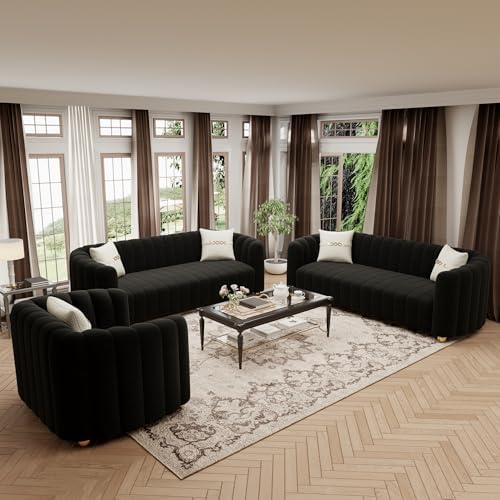 3-Piece Black Velvet Tufted Sofa Set - Image 6