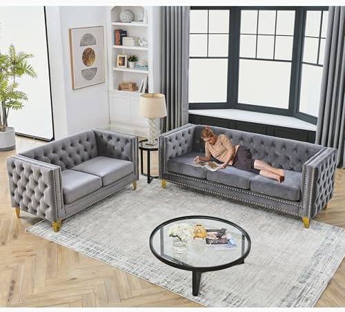 2 Piece 81" 3-Seater + 58" Loveseat Velvet Sofa Set, Buttons Tufted and Square by Unknown