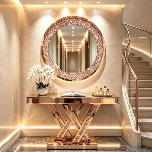 Mirrored Console Table & Round Wall Mirror Set, 35.43" Brown by Unknown