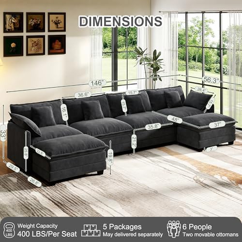 Hanherry 146" Cloud Couch Sectional Modular Sofa, Deep Seat Couches - Image 2