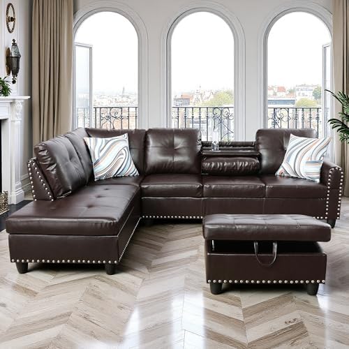 Leather L-Shaped Couch Set, 97.5"L x 69.5"W Sectional Sofas Brown by Topcomfy