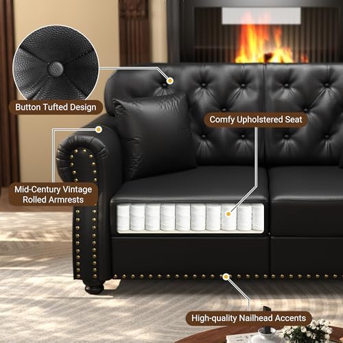 KEIKI 83" Faux Leather Chesterfield Sofa - Image 5