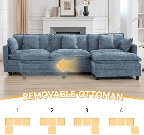 111'' Sectional Cloud Deep Seat Couch, Modern Comfy Chenille L Shaped Sectional - Image 6