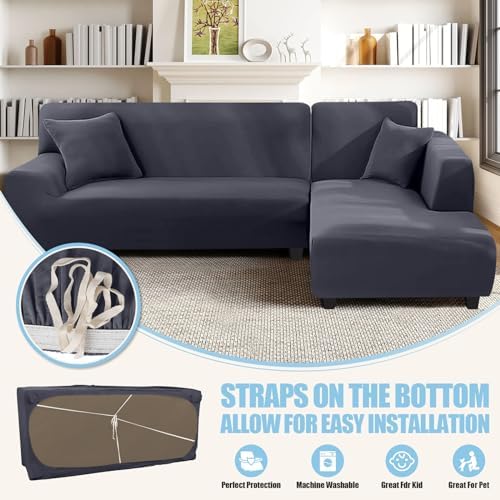 KinCam Sectional Couch Covers Stretch L Shape Sofa Covers, Dark Grey - Image 3
