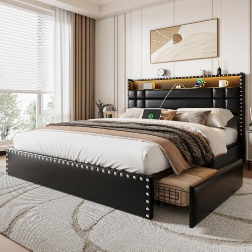 Forestell Queen Bed Frame with 4 Storage Drawers, LED Lights & Charging by Forestell