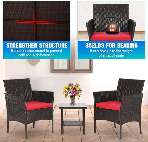 FDW 3-Piece Patio Furniture Set | Brown & Red | Outdoor Wicker Furniture - Image 6