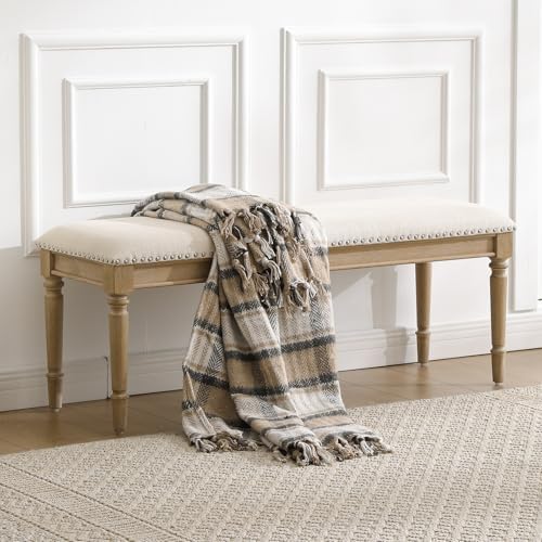 46'' French Country Entryway Bench Wooden Linen Fabric Upholstered Seat Dinng by DMFurniture