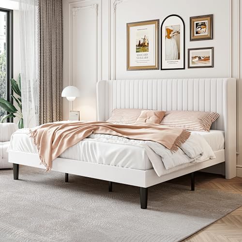 SHA CERLIN King Size Velvet Bed Frame, Tufted Wingback Headboard by SHACERLIN