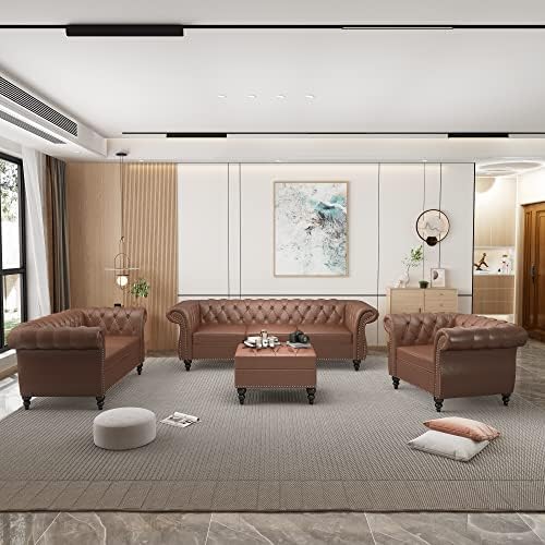 Chesterfield Loveseat, Modern Faux Leather Sofa Tufted Couch 2 Seater - Image 6