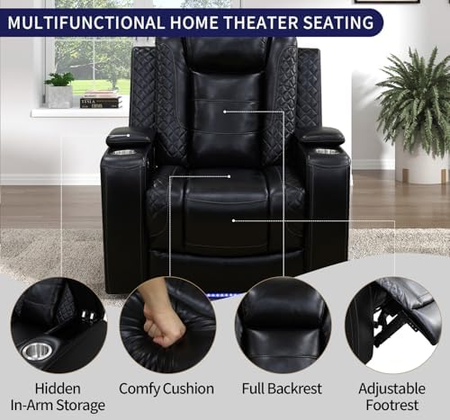 Power Recliner Chair with LED Lights, Leather Reclining Couch with Storage - Image 3