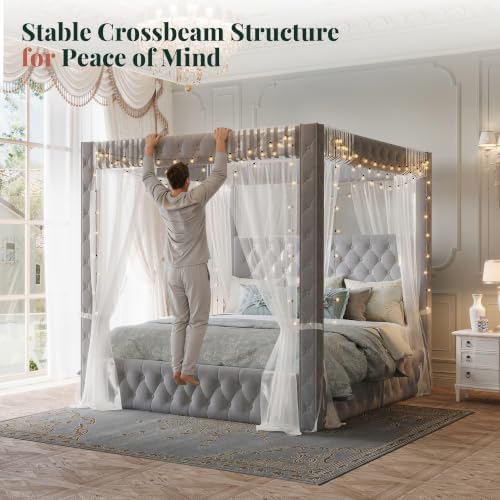 Jocisland King Canopy Bed Frame Velvet Upholstered Headboard - Image 6