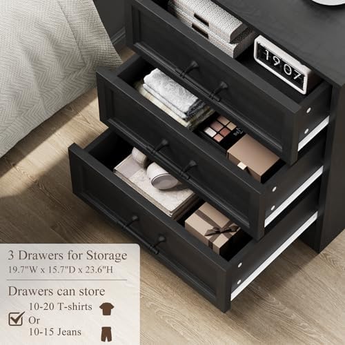 YANSNWO Black Nightstand with Charging Station, 19.7" 3-Drawer End Table - Image 5