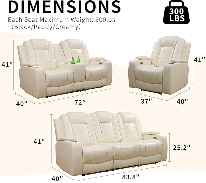 Power Recliner Set with LED Lights, Quilted Air Leather Reclining Set with USB - Image 2