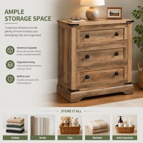 T4TREAM 32" Farmhouse 3 Drawer Dressers, Large End Table w/Charging Station - Image 4