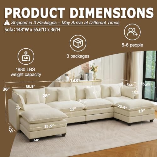 148" Modular Sectional Sofa, U Shaped Cloud Couch - Image 2