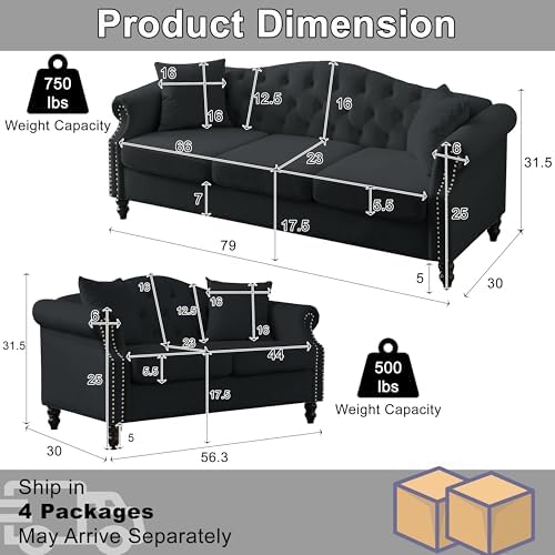 2 Piece Black Velvet 79" 3-Seater and 57" Loveseat Sofa Sets, Chesterfield - Image 2
