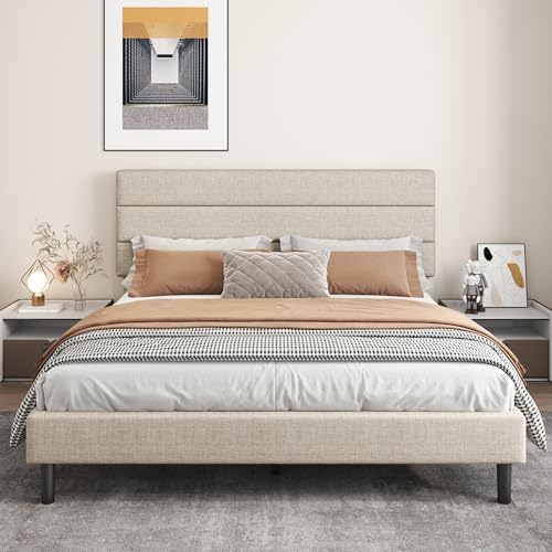King Platform Bed Frame with Adjustable Linen Fabric Upholstered Headboard by Mxhtcewz