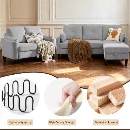 3 Piece Sectional Sofa Set, 3 Seat Couch & Loveseat & Ottoman, Light Grey - Image 3
