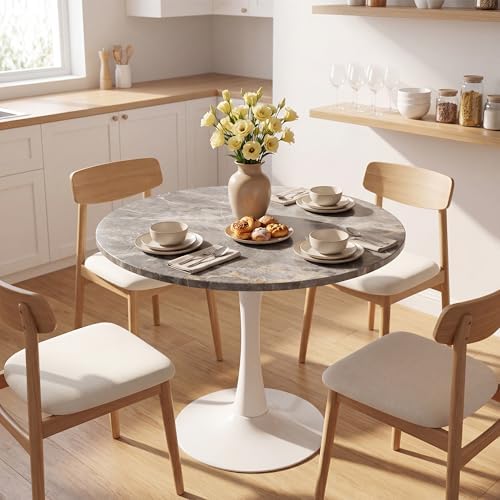 27.6" Sintered Stone Round Tulip Table, Mid-Century Modern Style Dining Table by Sybrioka