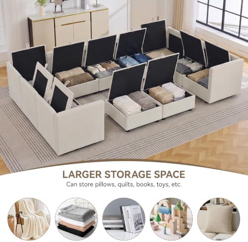 130" Beige Oversized Modular Storage Sofa, U Shaped Chenille Cloud Couch - Image 3