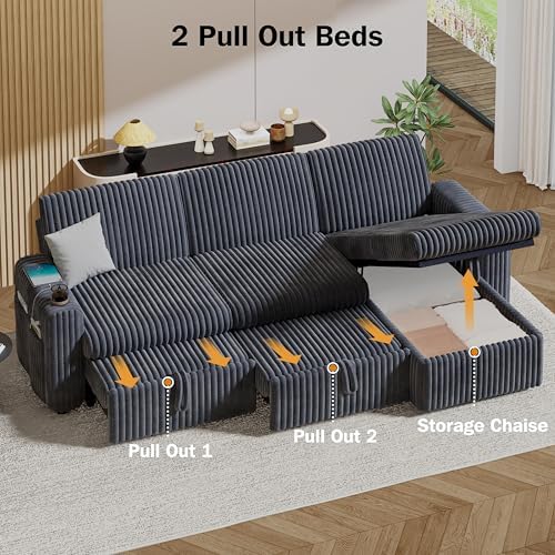 Sunny Heart 101" Plush Corduroy L Shaped Sectional Sleeper Sofa Bed - Image 7