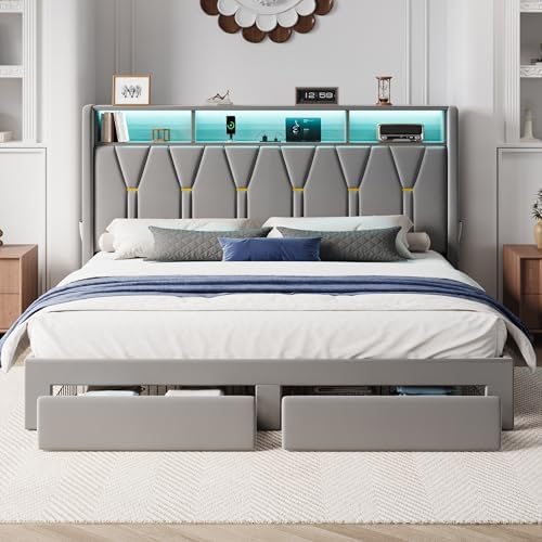 SHA CERLIN King Bed Frame, 2 Storage Drawers & 2-Tier Storage Headboard - Image 3