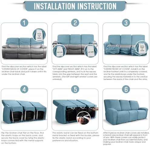 TAOCOCO Stretch Recliner Sofa Covers 8 Piece, Dusty Blue - Image 6