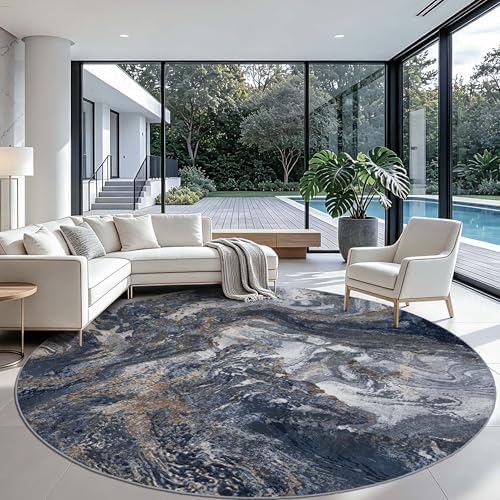 Large Blue Round Rug 9ft: Modern Abstract Round Area Rugs by Luxcrest