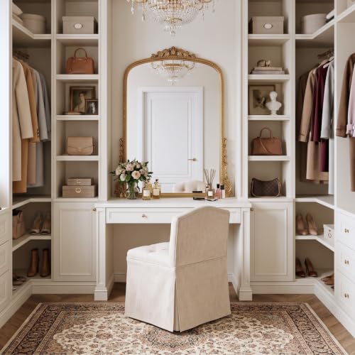 Beige Makeup Vanity Chair with Back & Wheels - Image 6