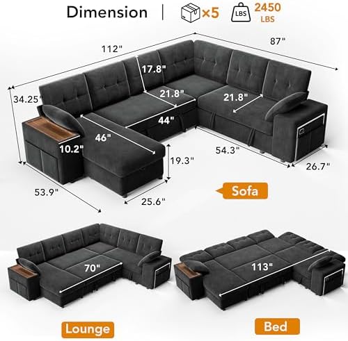 Vipbear Chenille 112" 7 Seat Modular Sectional Sleeper Sofa - Image 2