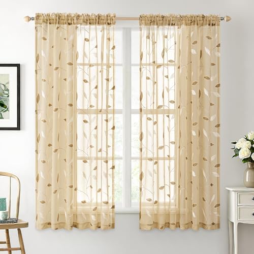 MIULEE Khaki Sheer Curtains 2 Panels Embroidered Leaf Patterned, W52 x L45 by MIULEE