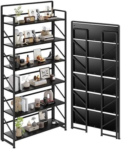 JSB 6 Tier No Assembly Folding Bookshelf, 30.3" Wide Foldable Storage Bookcase by HomeFurniture