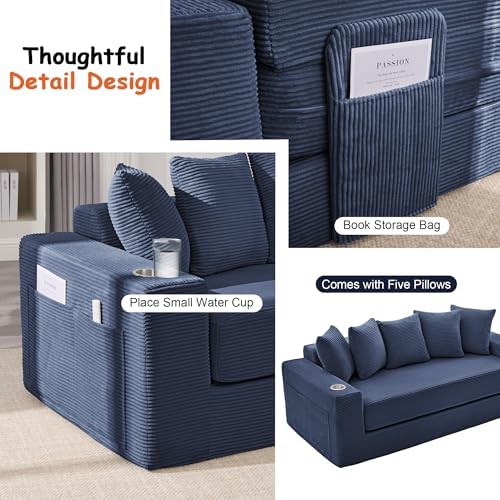 76" Convertible Sofa Bed, Corduroy Boneless Couch - Image 5
