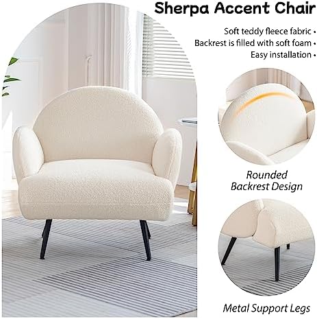 Accent Chair White with Black Metal Legs, Reading Chair - Image 3