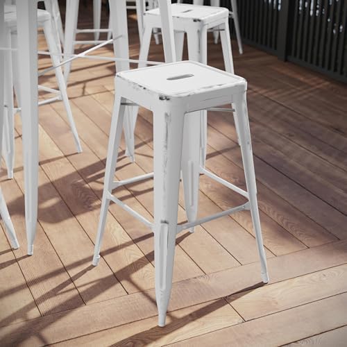 Flash Furniture 30 in Backless Metal Barstool, Distressed White - Image 2